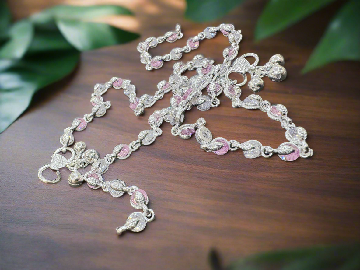 92.5 Silver Round Pink Stones Anklets - Pair