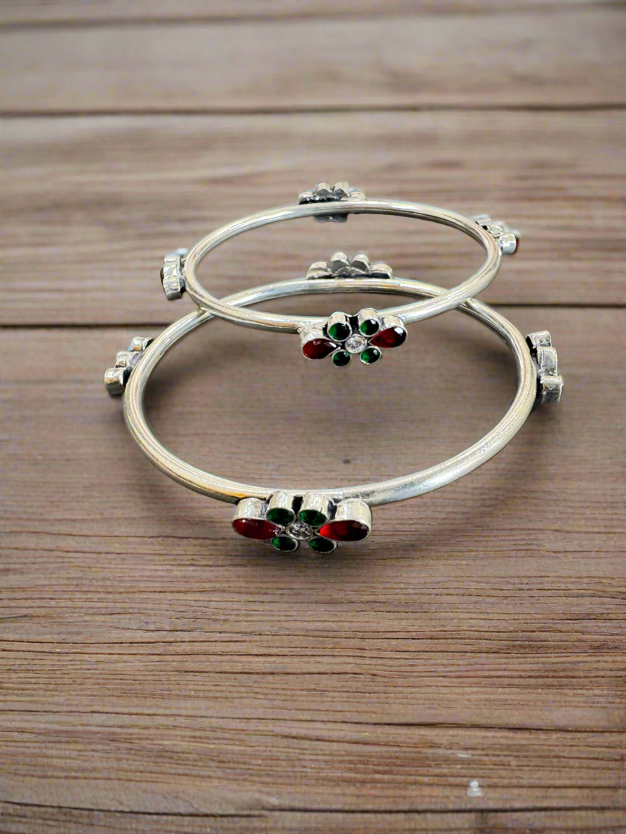 92.5 Silver Bangles With Red and Green Stones - Pair