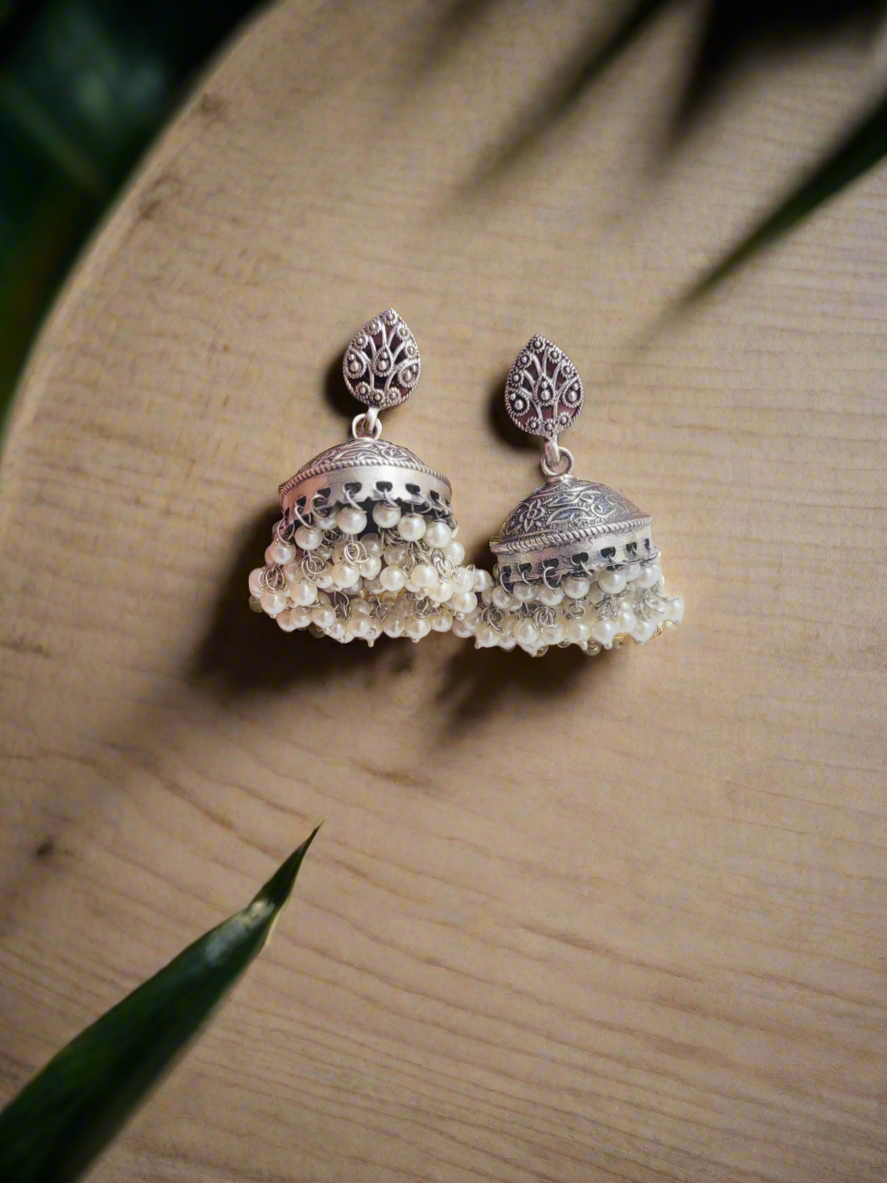 92.5 Silver Paisley Jhumka Earrings With Pearls