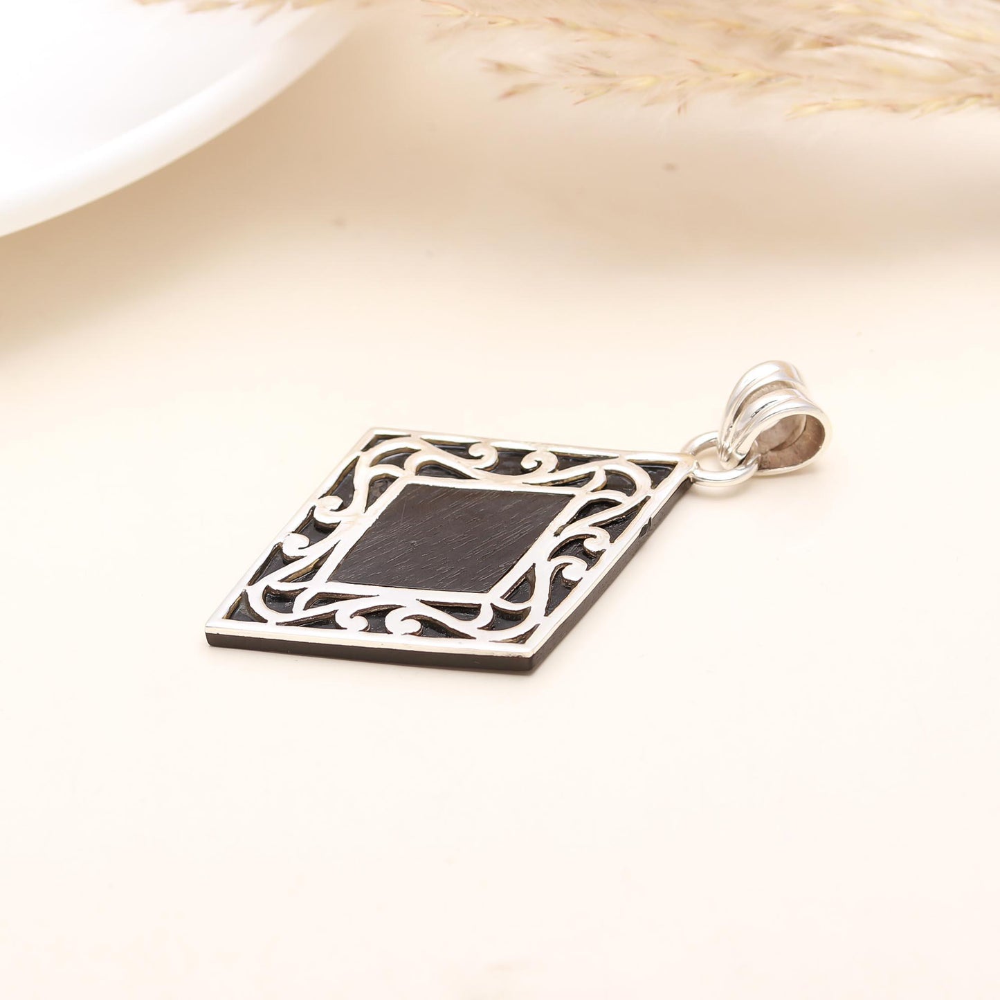 Silver 92.5 Ebony Wood Diamond Shaped Pendant
