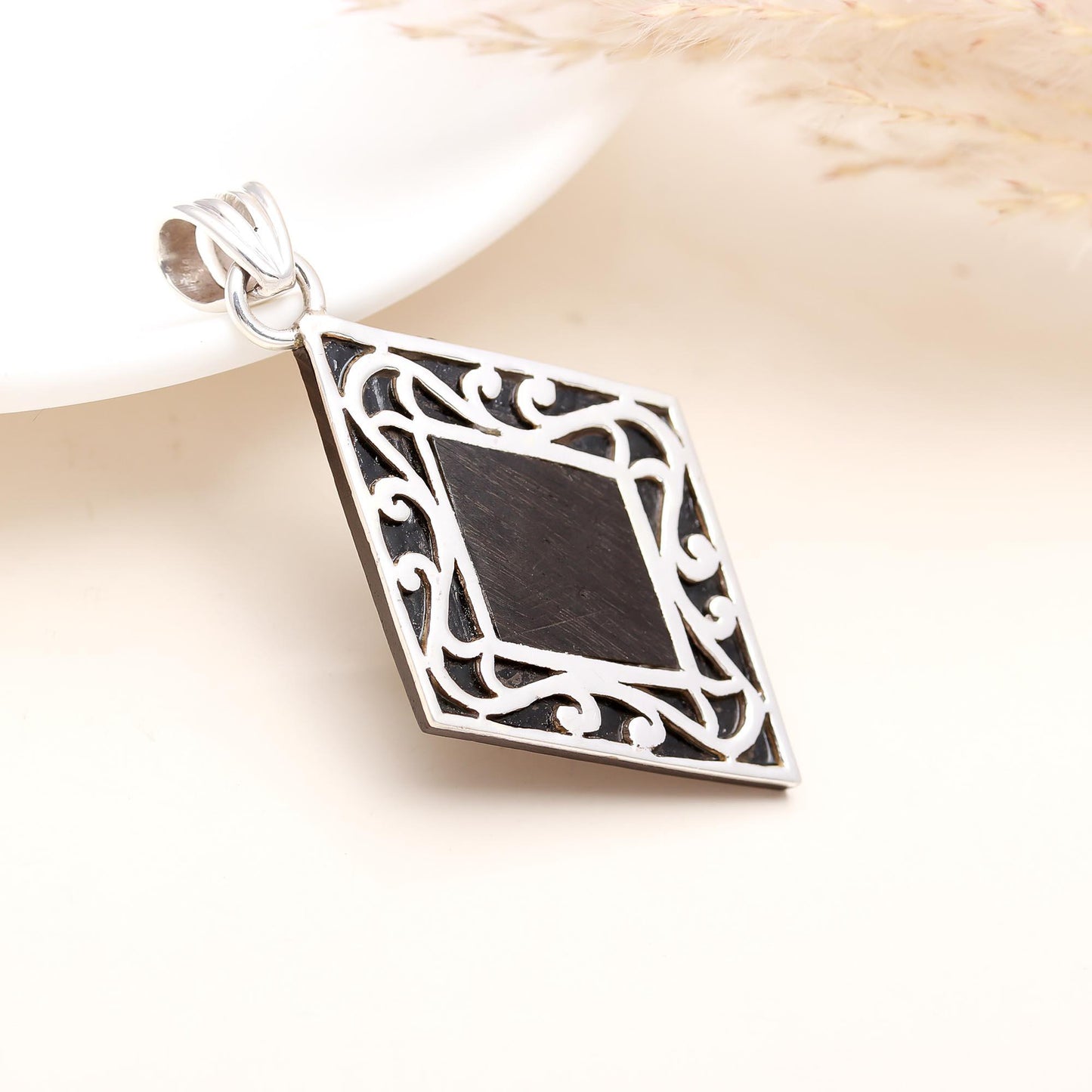 Silver 92.5 Ebony Wood Diamond Shaped Pendant