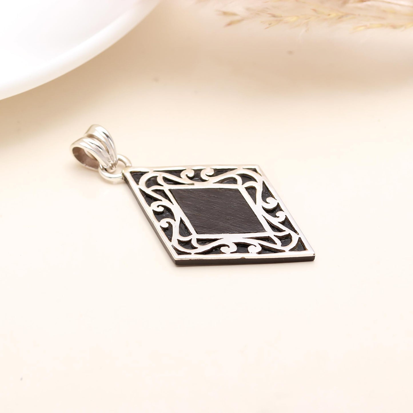 Silver 92.5 Ebony Wood Diamond Shaped Pendant
