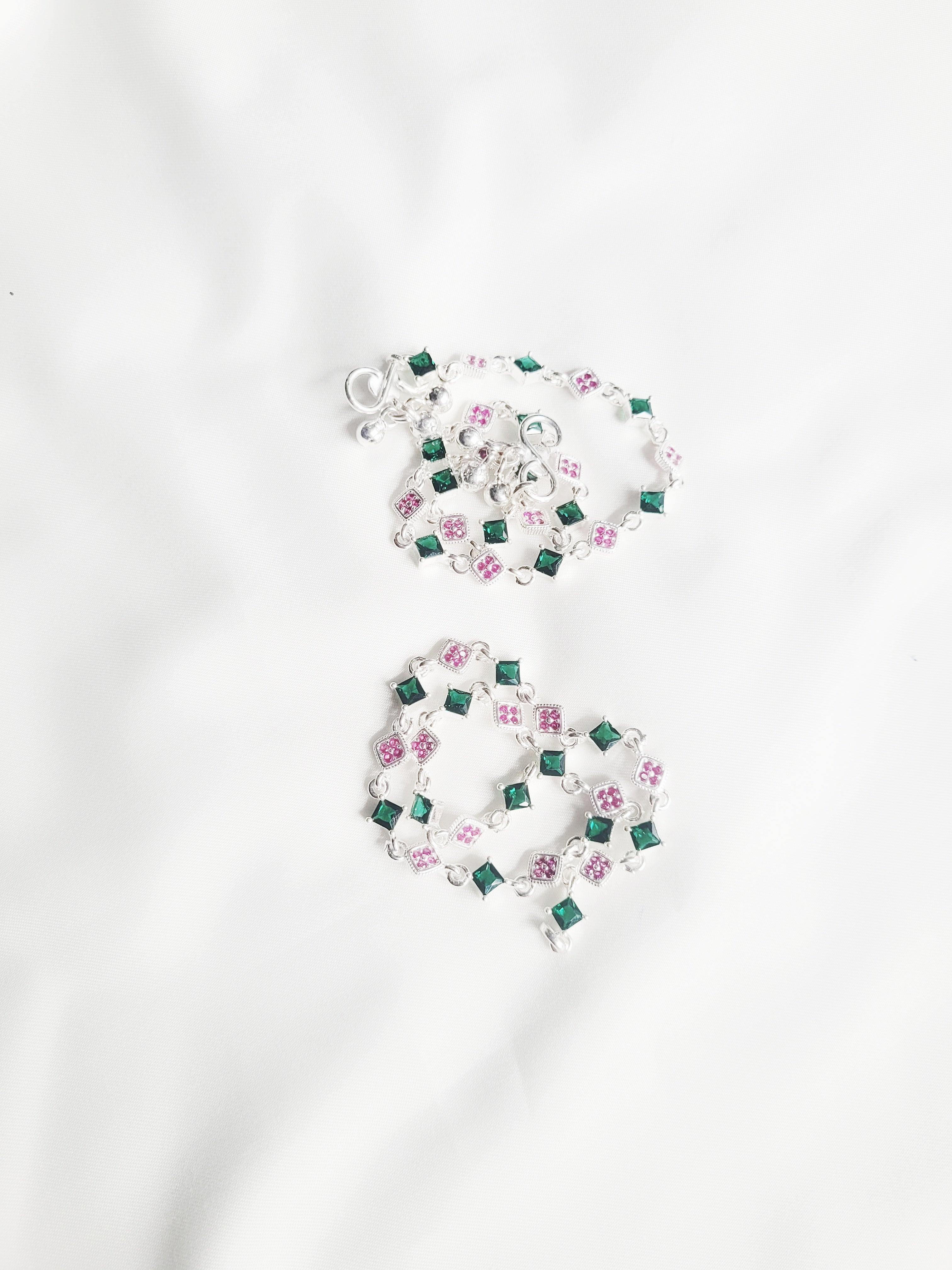 92.5 Silver Floral Charm Anklets With Green And Pink Stones - Pair