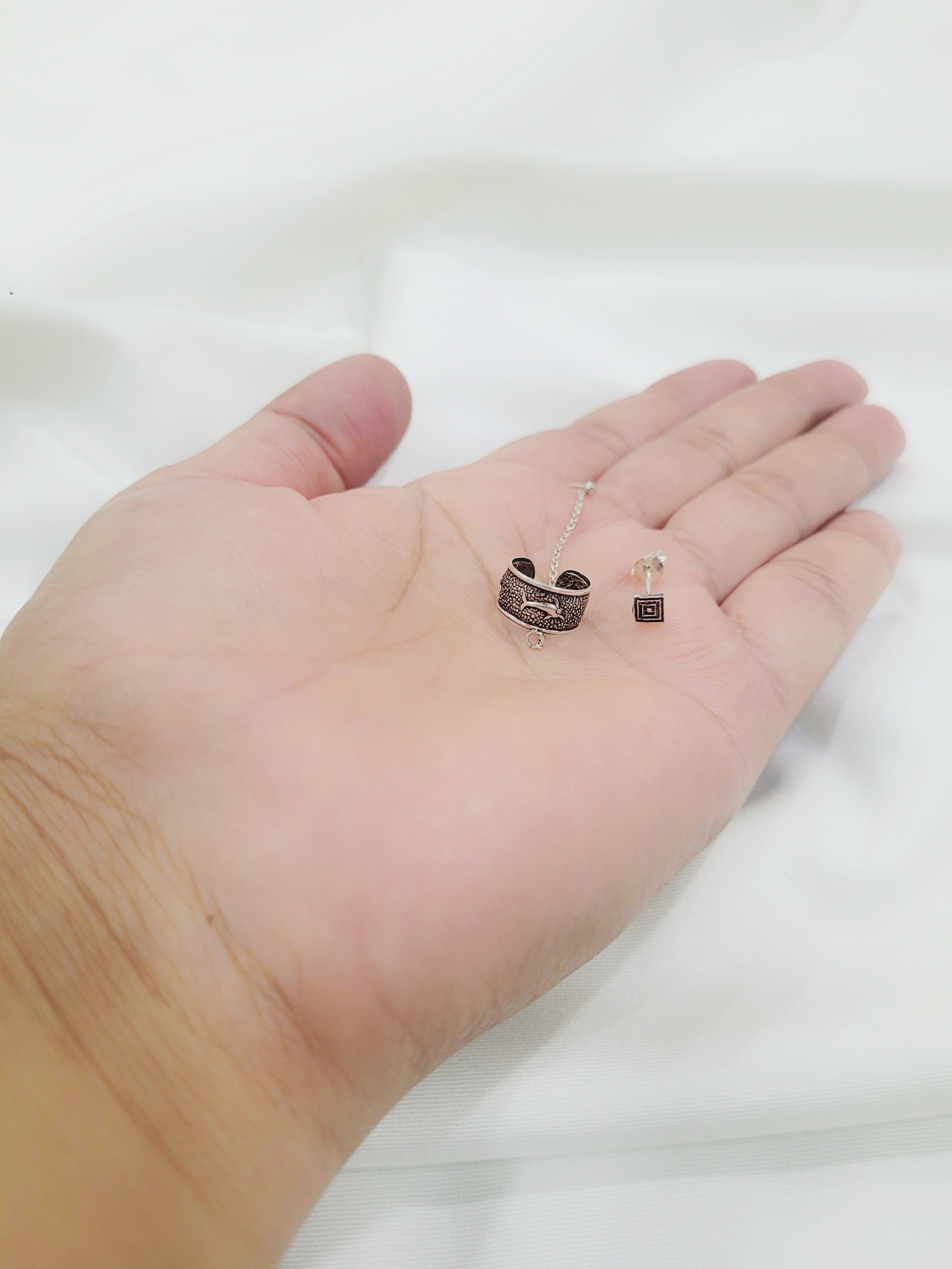 Tarang - Cuff Chain And Stud 92.5 Silver Earrings Pair