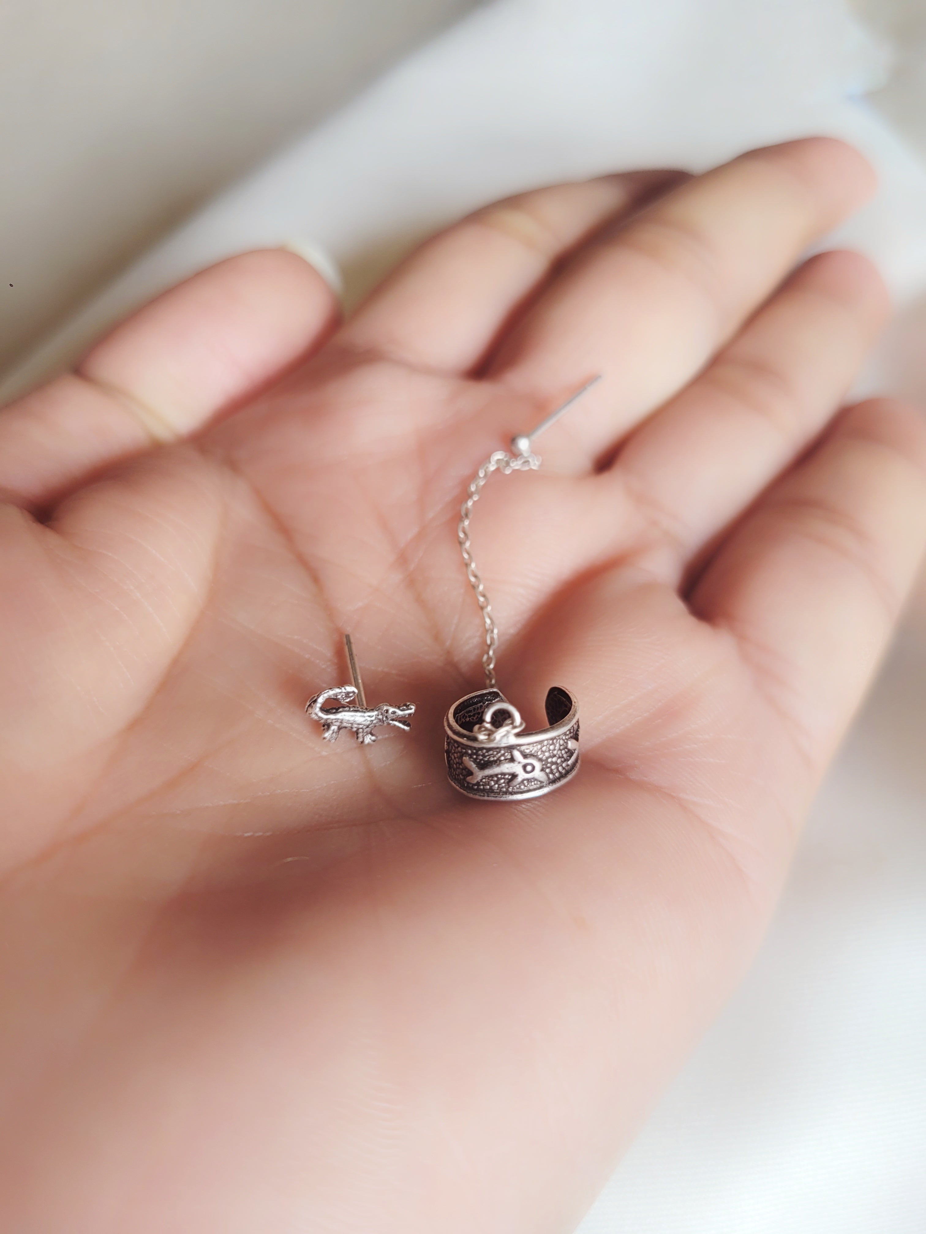 Jalchar - Cuff Chain And Stud 92.5 Silver Earrings Pair