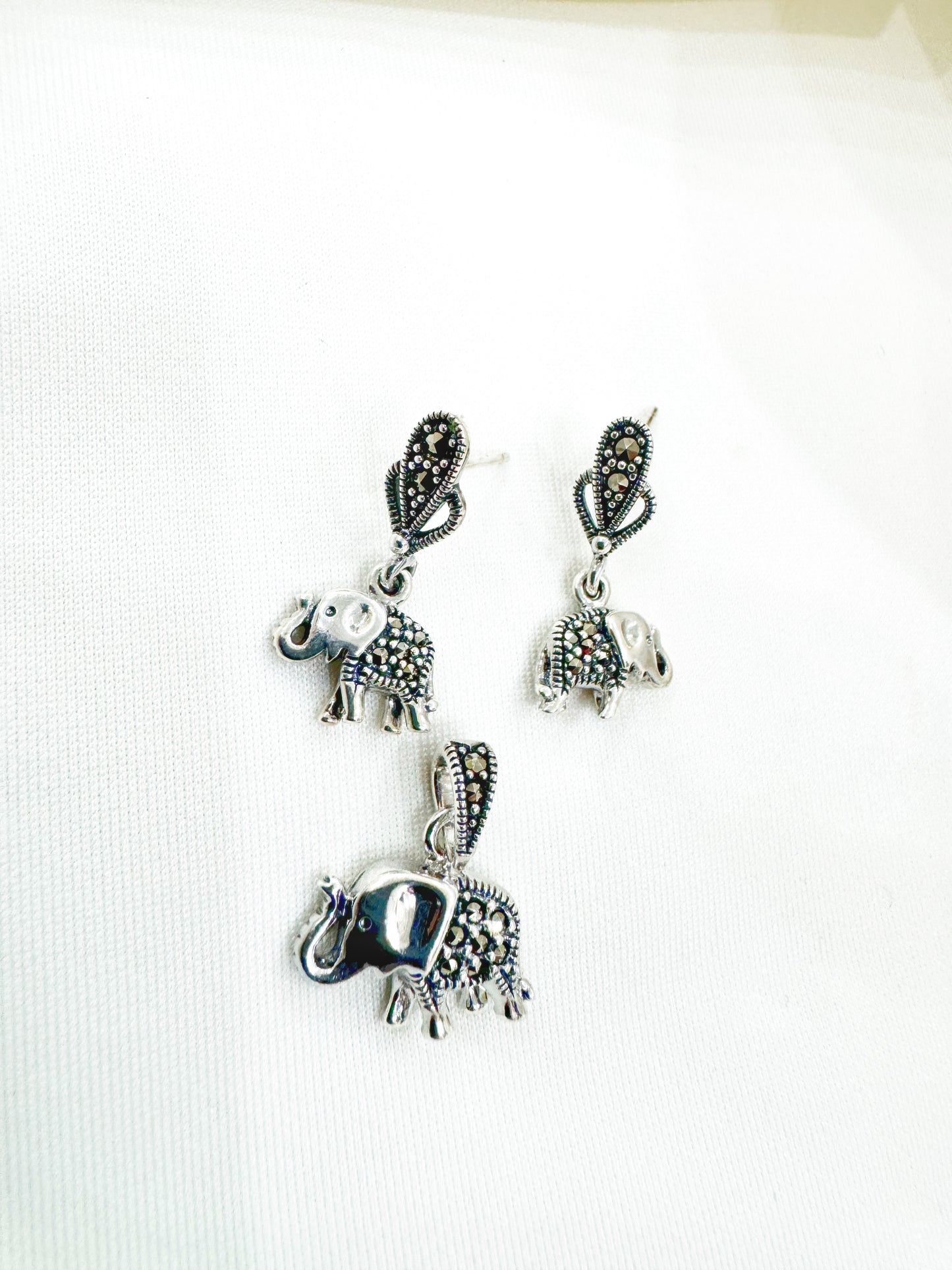 Gajshree – Marcasite 92.5 Silver Elephant Earrings & Pendant Set