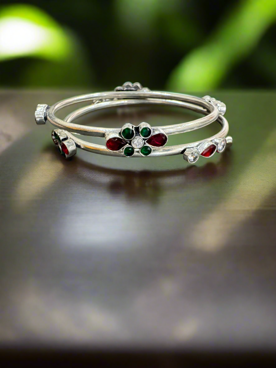 92.5 Silver Bangles With Red and Green Stones - Pair