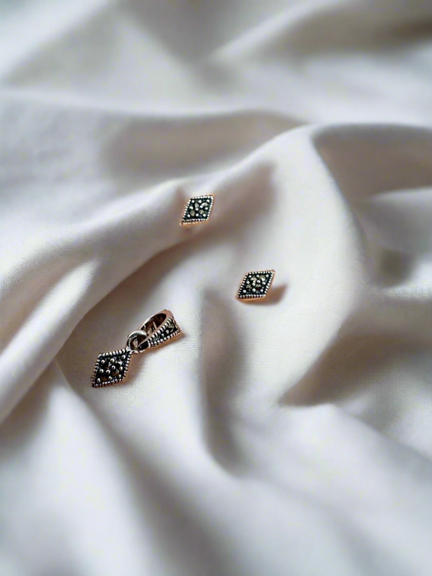 Noorpatra – Diamond Shape Marcasite 92.5 Silver Earrings & Pendant Set