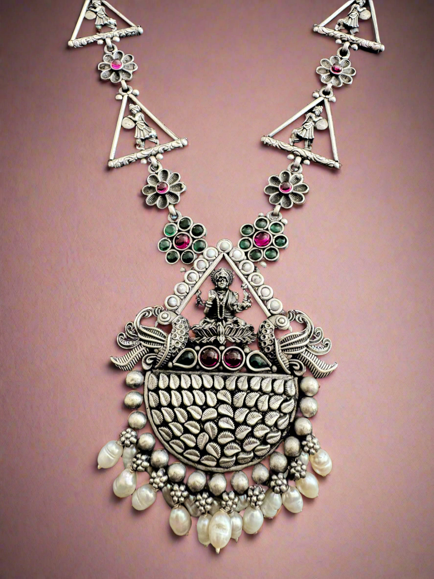 92.5 Antique Silver Saraswati Temple Necklace Set