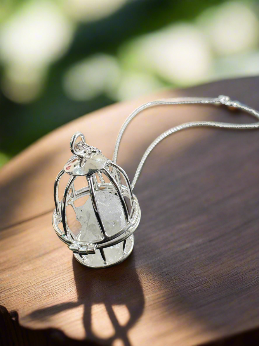 Silver 92.5 Crystal Cage Pendant with Chain Necklace
