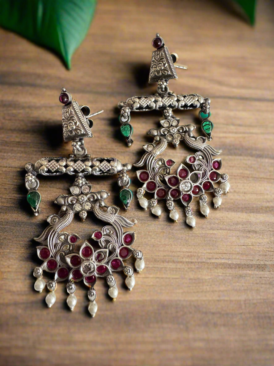 Antique 92.5 Silver Venu Vilas Flute of Grace Temple Earrings