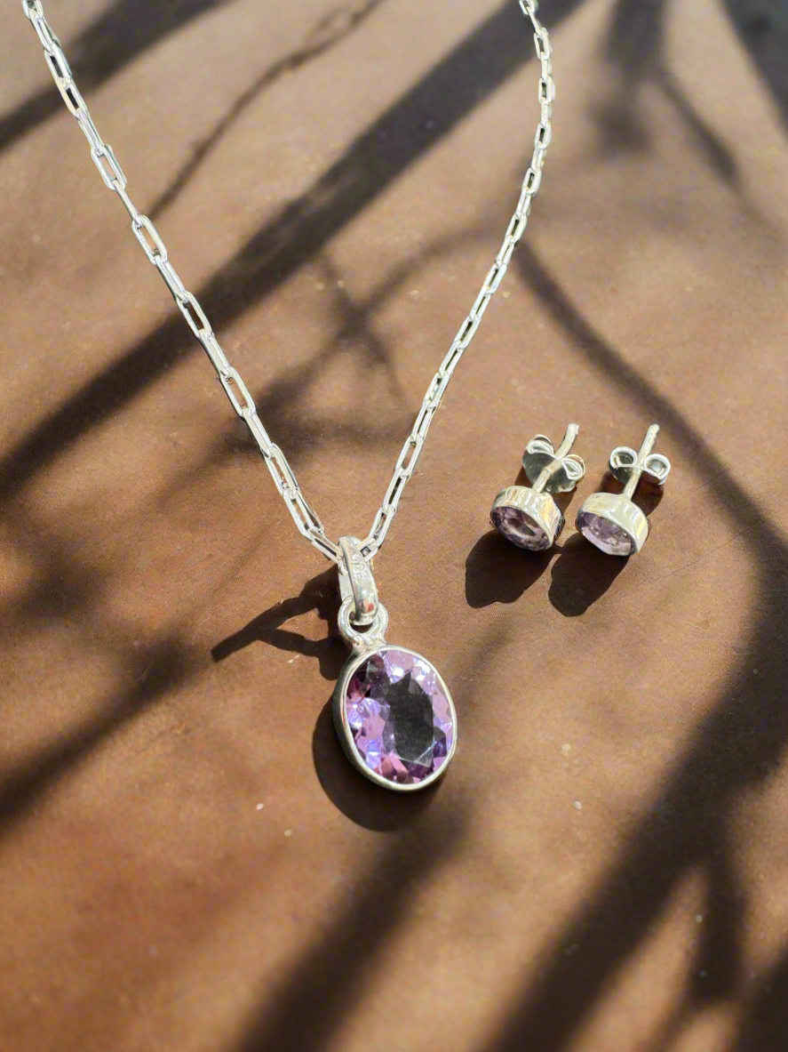 92.5 Silver Amethyst Stone Minimalistic Necklace Set