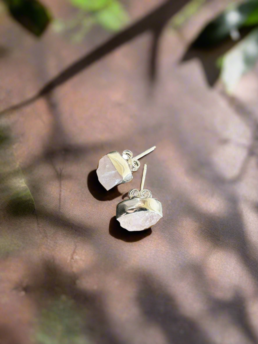 Silver Rough Stone Pink Stud Earrings
