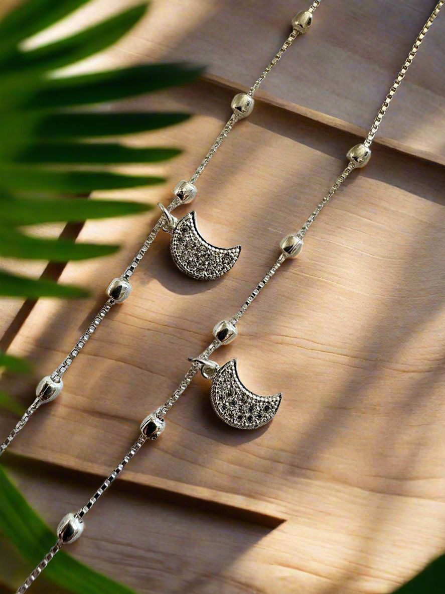 Chaand Light Weight Anklets – 92.5 Silver Moon Charm