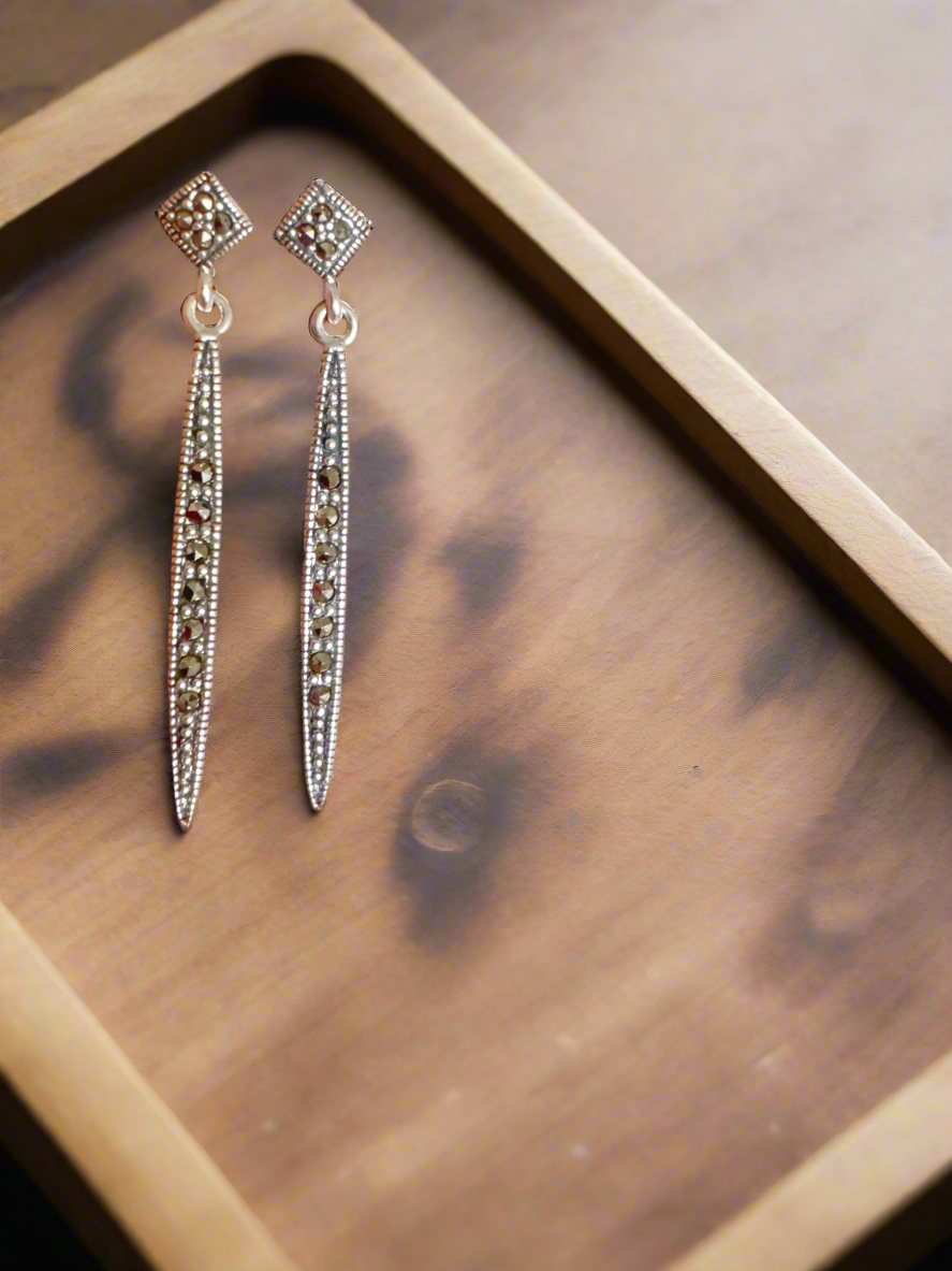 Regal Plume Marcasite Drop - 92.5 Silver Earrings