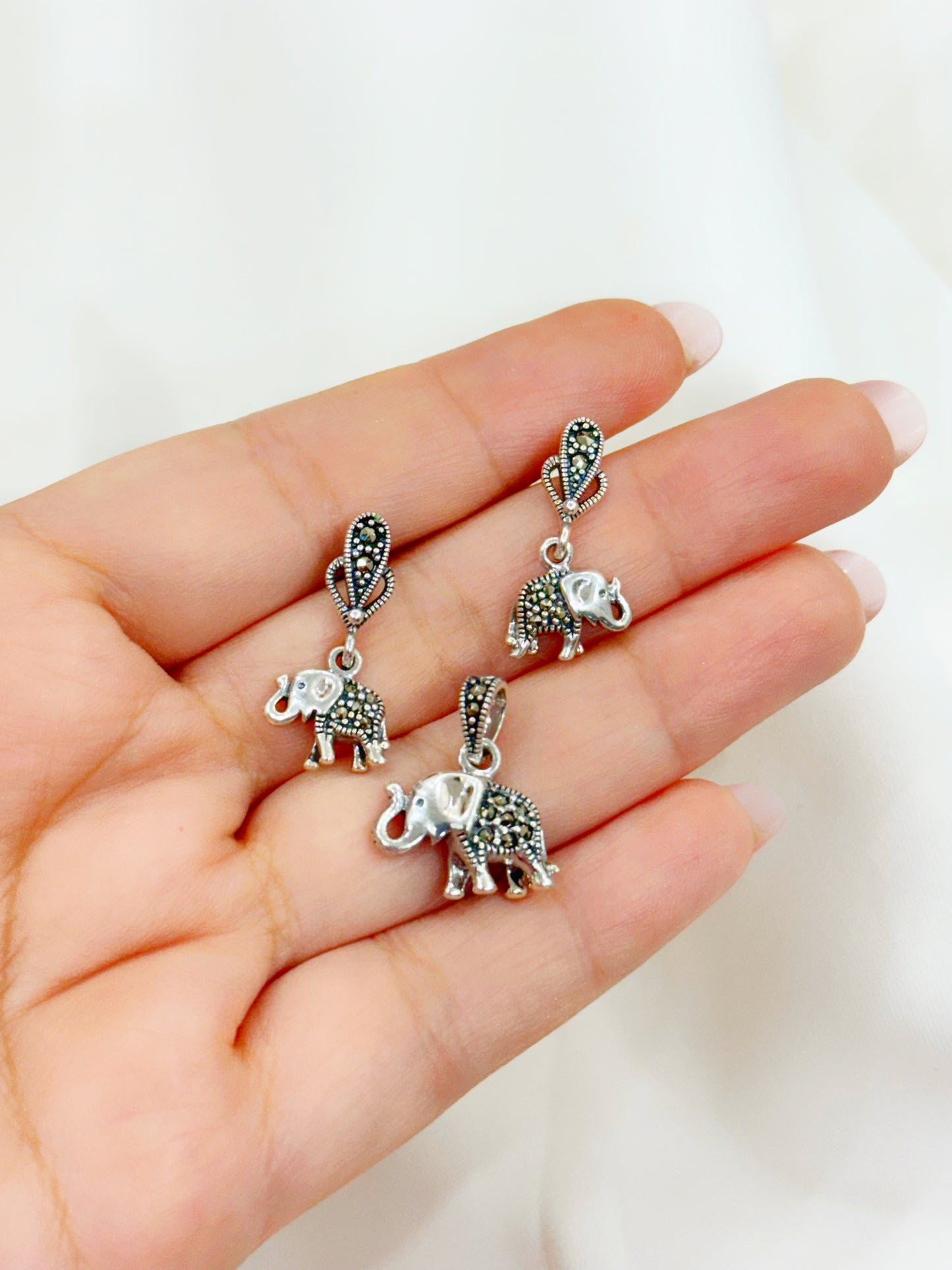 Gajshree – Marcasite 92.5 Silver Elephant Earrings & Pendant Set