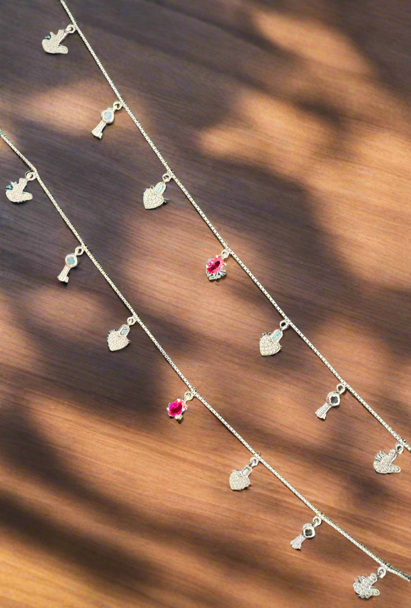 92.5 Silver Anklets With Charms - Pair