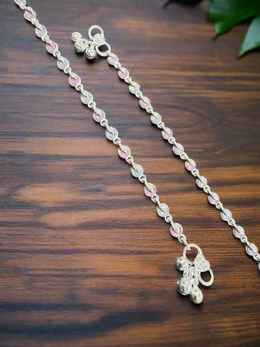 92.5 Silver Round Pink Stones Anklets - Pair