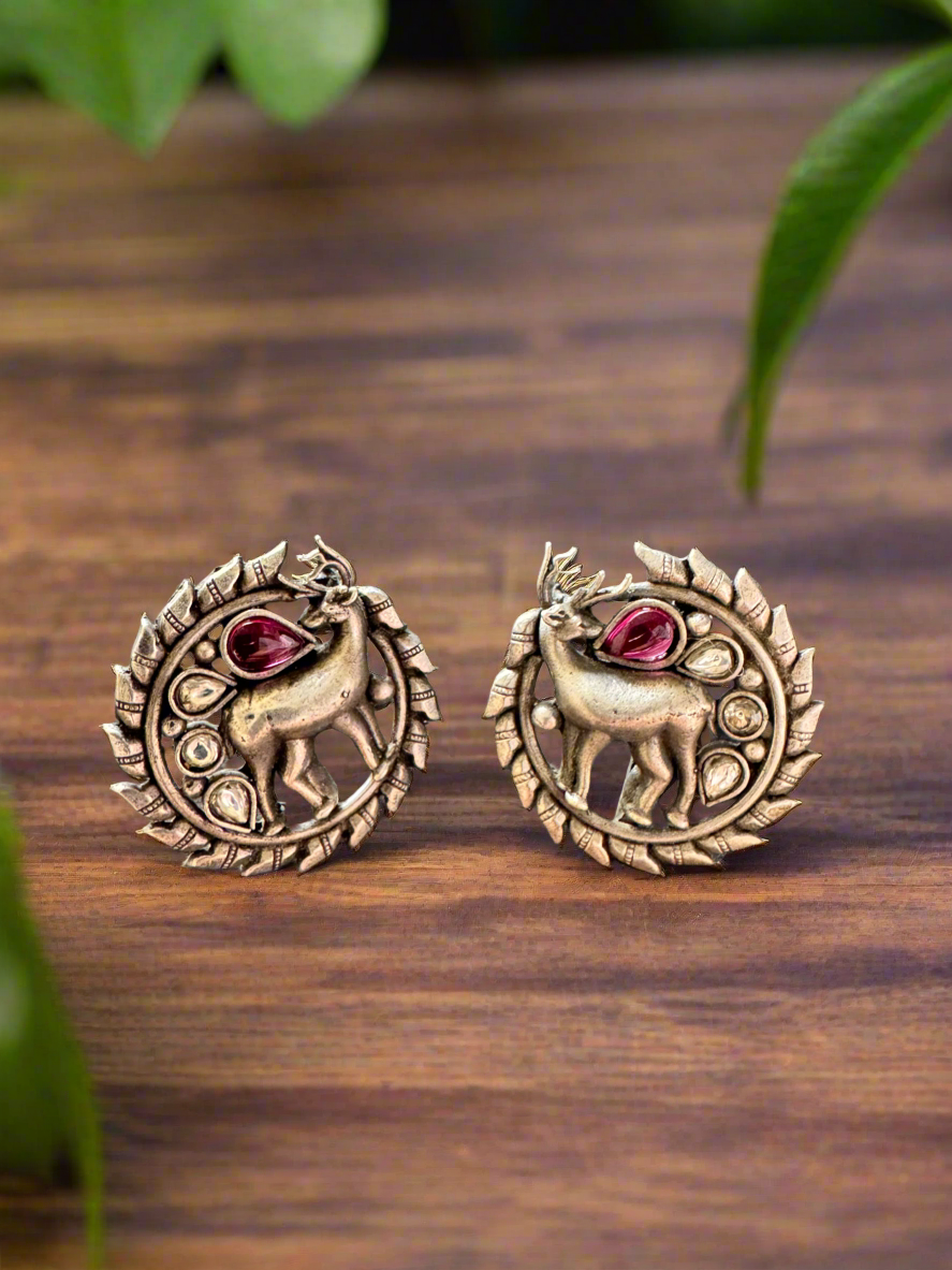 Antique 92.5 Silver Deer Round Earrings