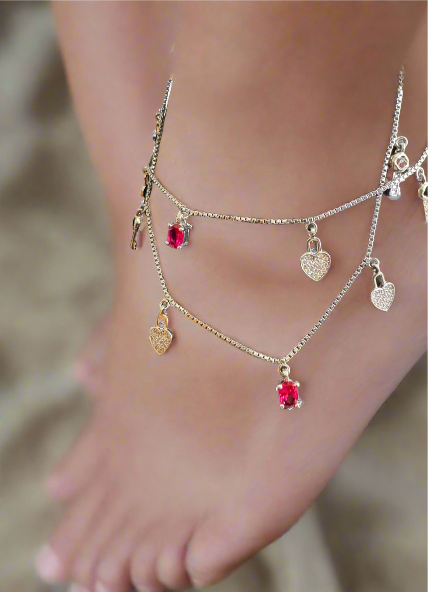 92.5 Silver Anklets With Charms - Pair