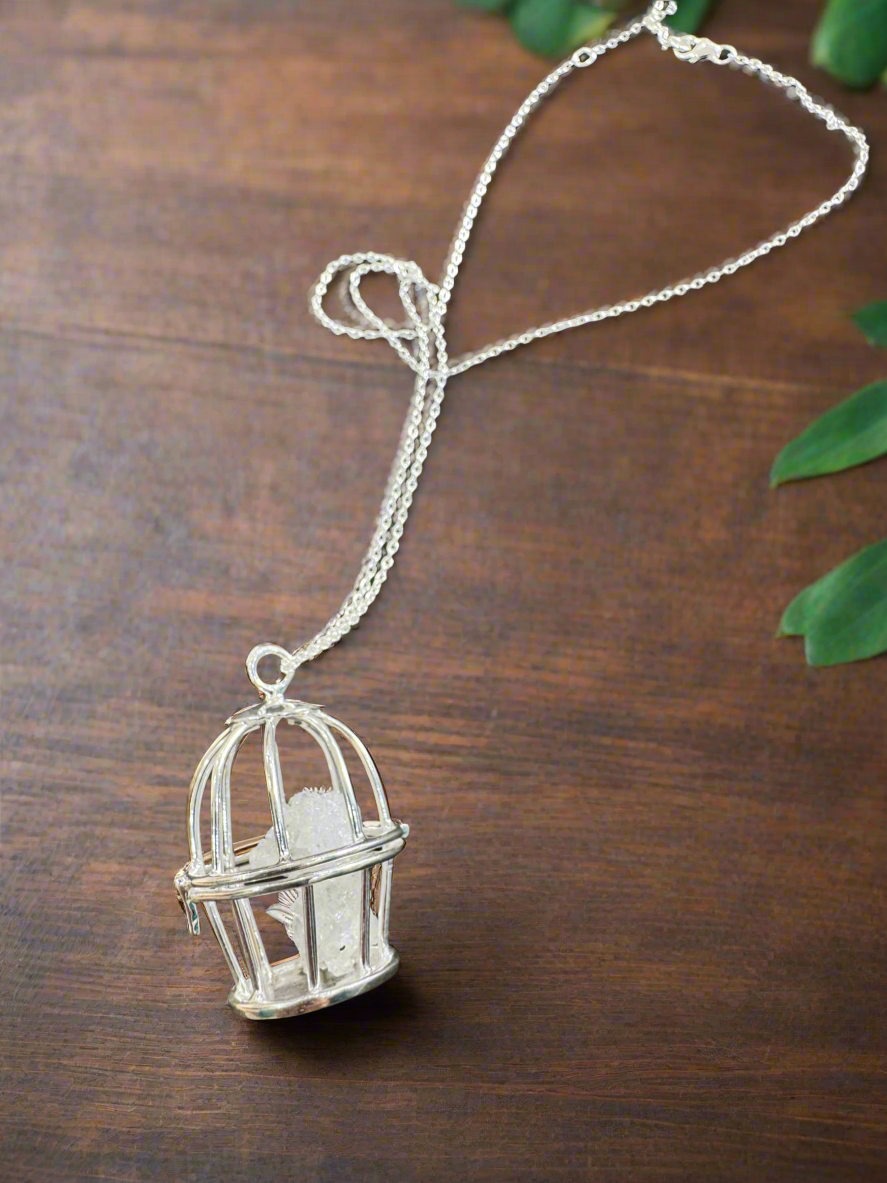 Silver 92.5 Crystal Cage Pendant with Chain Necklace
