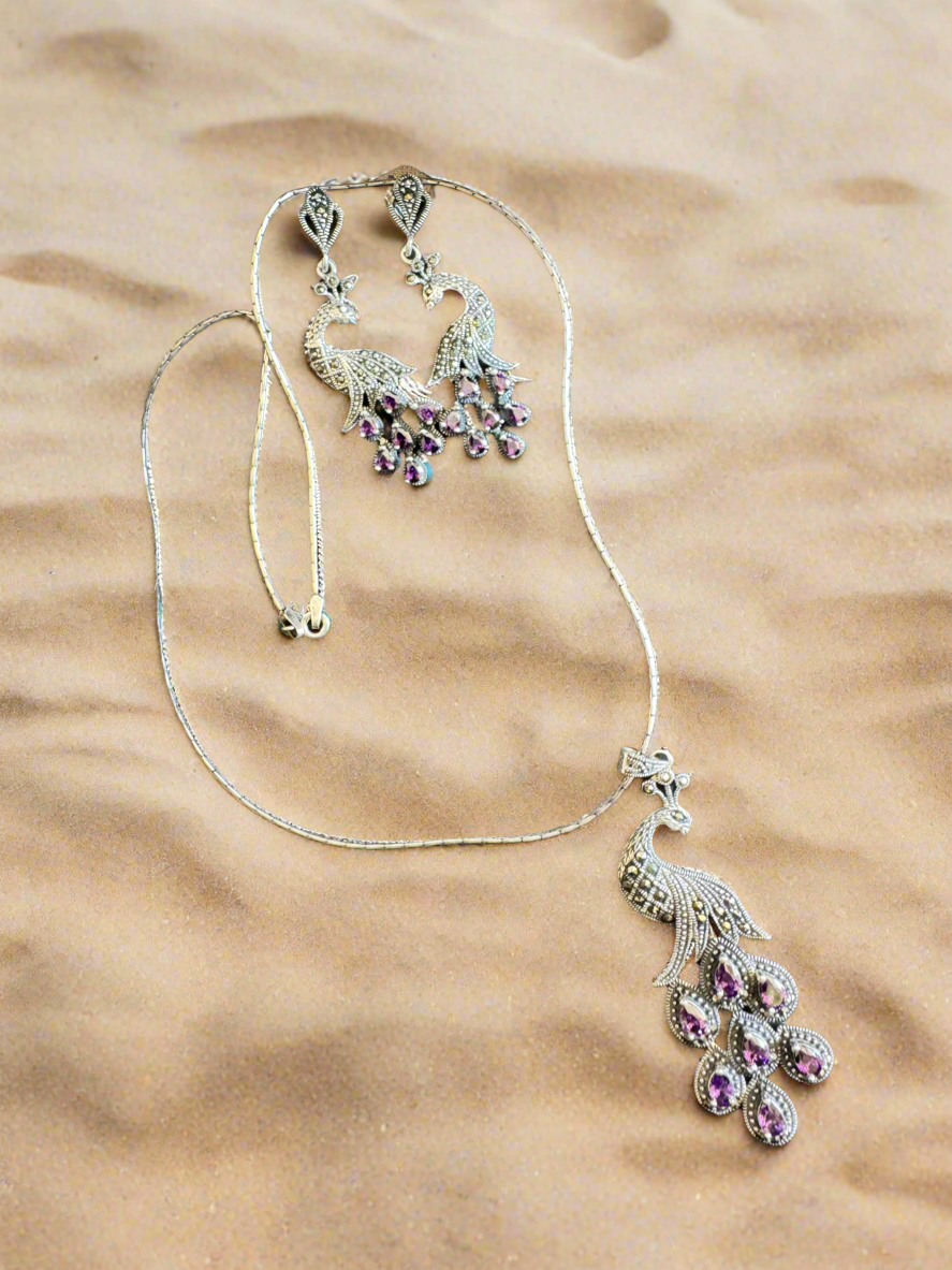 Oxidised Look Peacock Necklace Set 92.5 Silver