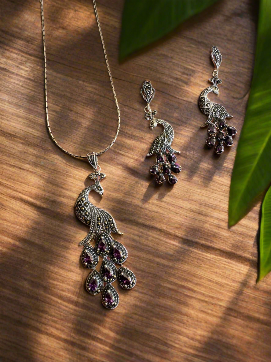 Oxidised Look Peacock Necklace Set 92.5 Silver