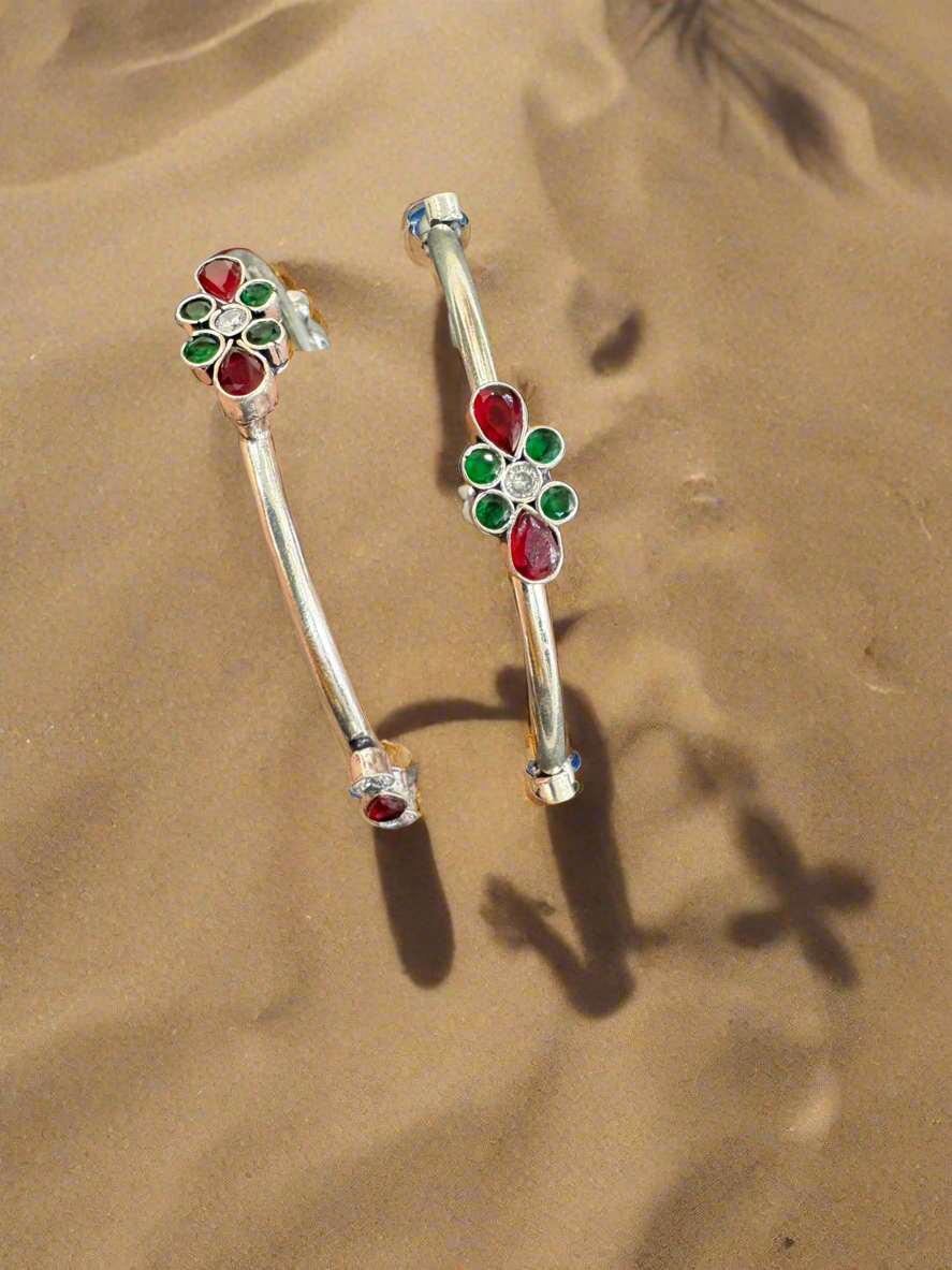 92.5 Silver Bangles With Red and Green Stones - Pair