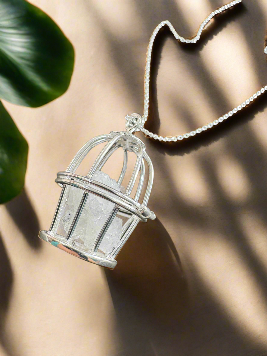 Silver 92.5 Crystal Cage Pendant with Chain Necklace