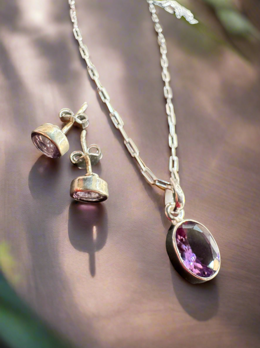 92.5 Silver Amethyst Stone Minimalistic Necklace Set