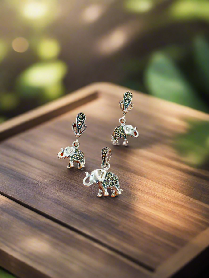 Gajshree – Marcasite 92.5 Silver Elephant Earrings & Pendant Set