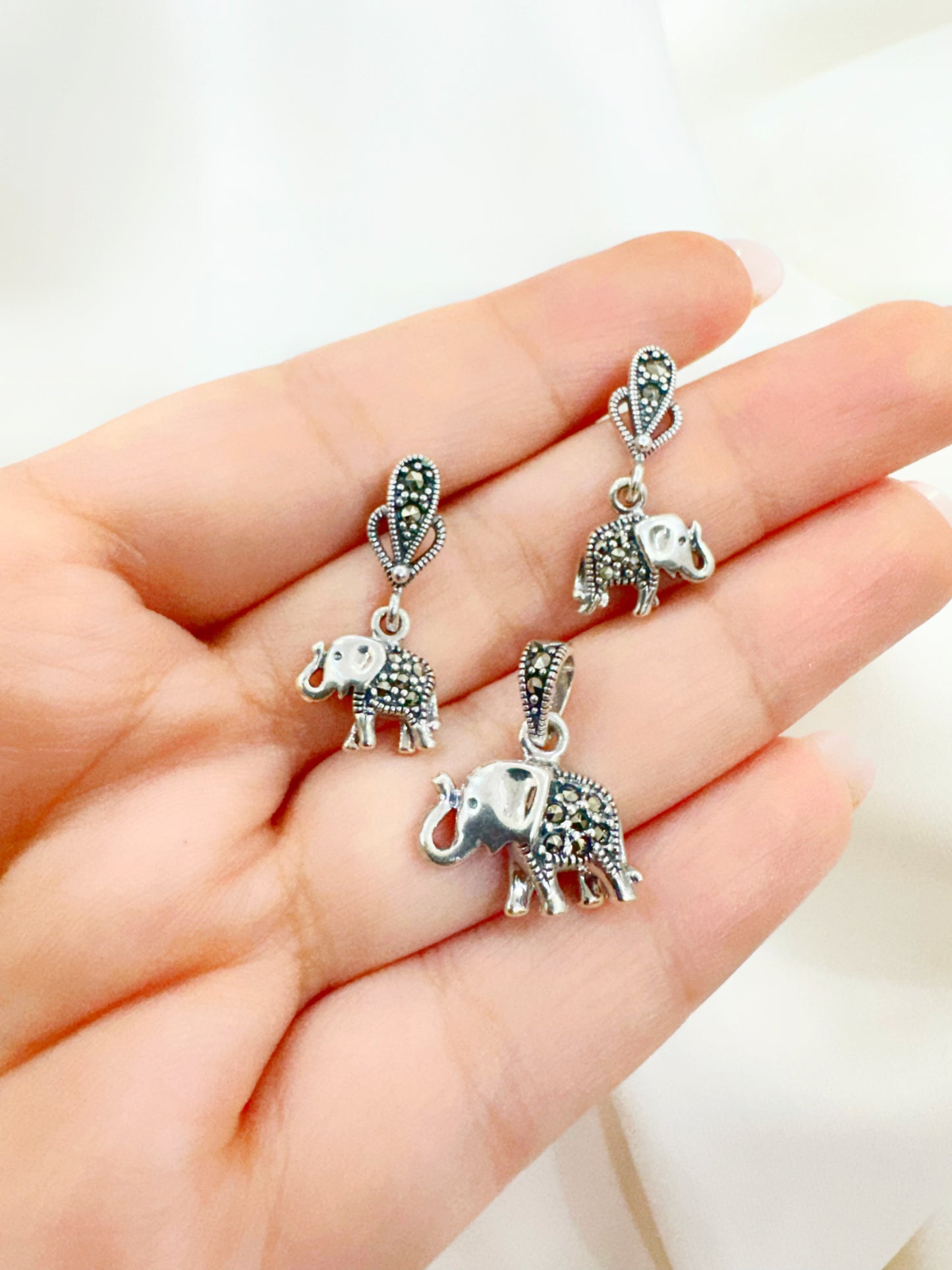 Gajshree – Marcasite 92.5 Silver Elephant Earrings & Pendant Set