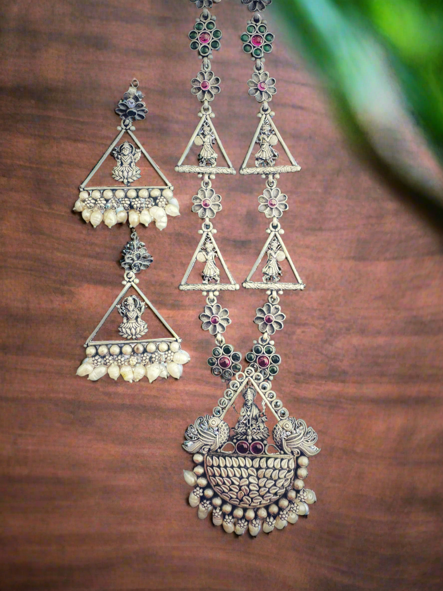 92.5 Antique Silver Saraswati Temple Necklace Set