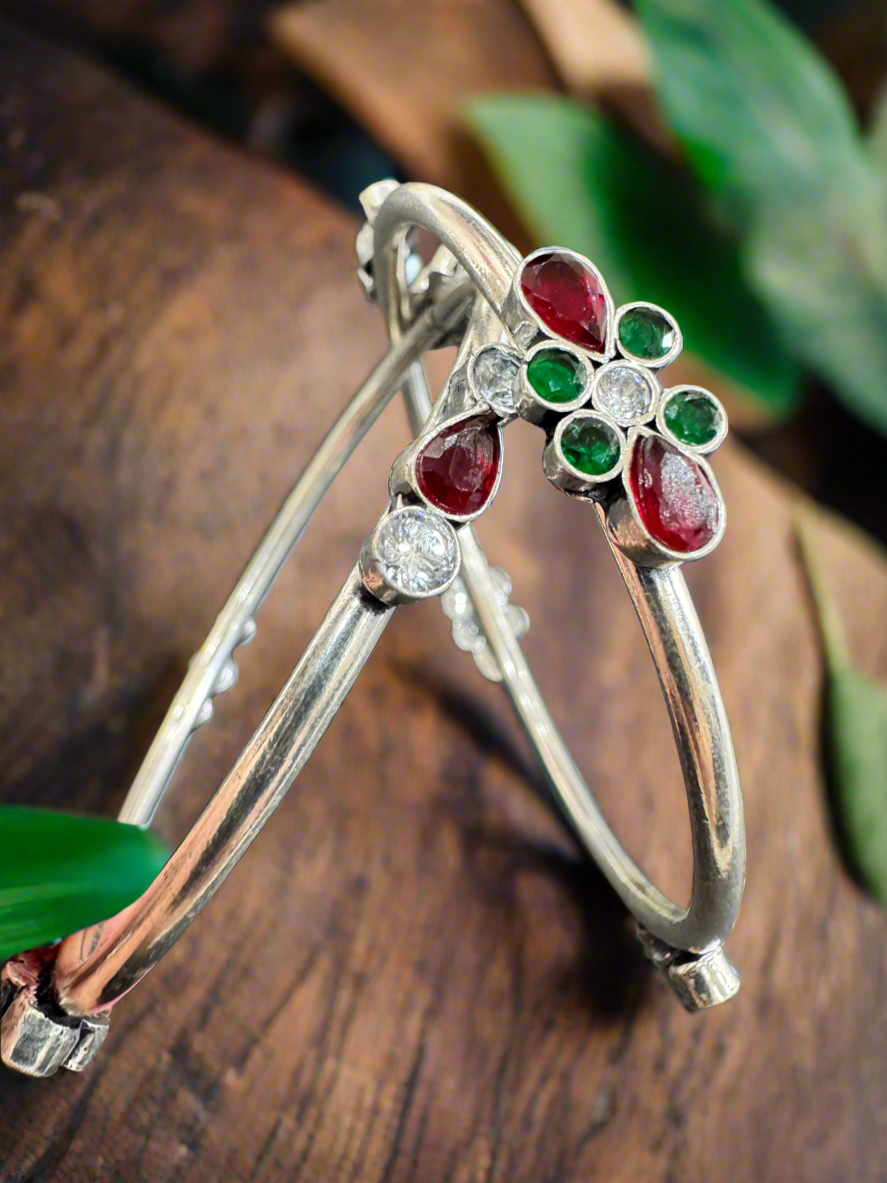 92.5 Silver Bangles With Red and Green Stones - Pair