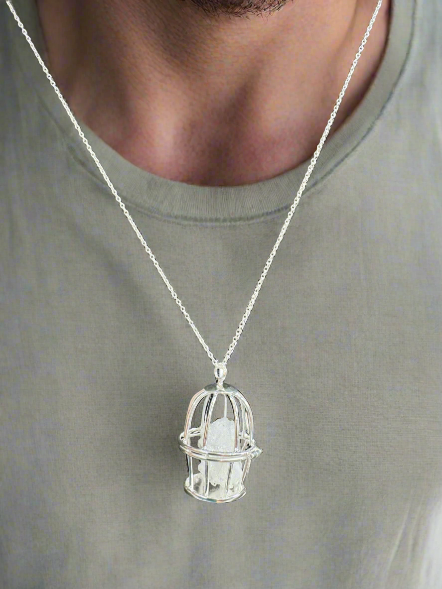 Silver 92.5 Crystal Cage Pendant with Chain Necklace