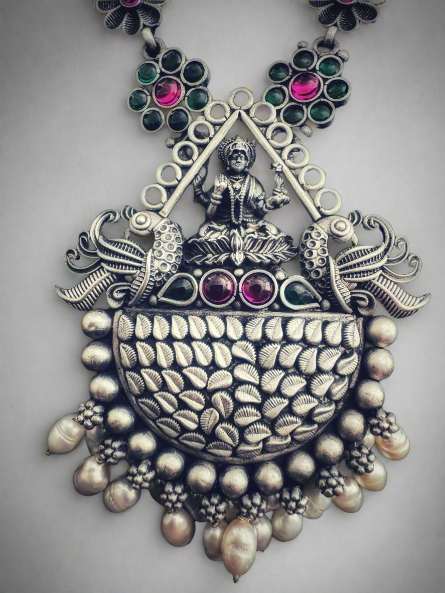 92.5 Antique Silver Saraswati Temple Necklace Set