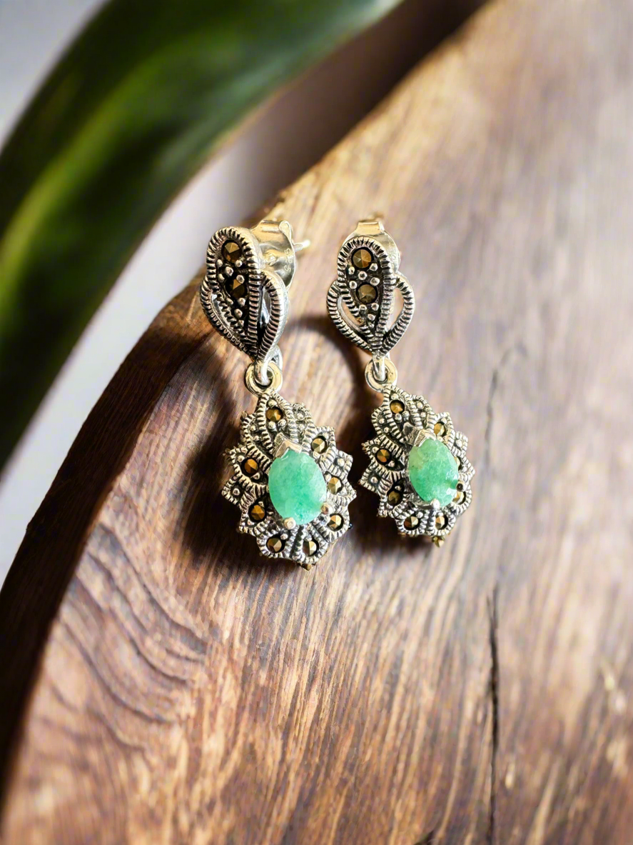 92.5 Silver Green Stone Earrings
