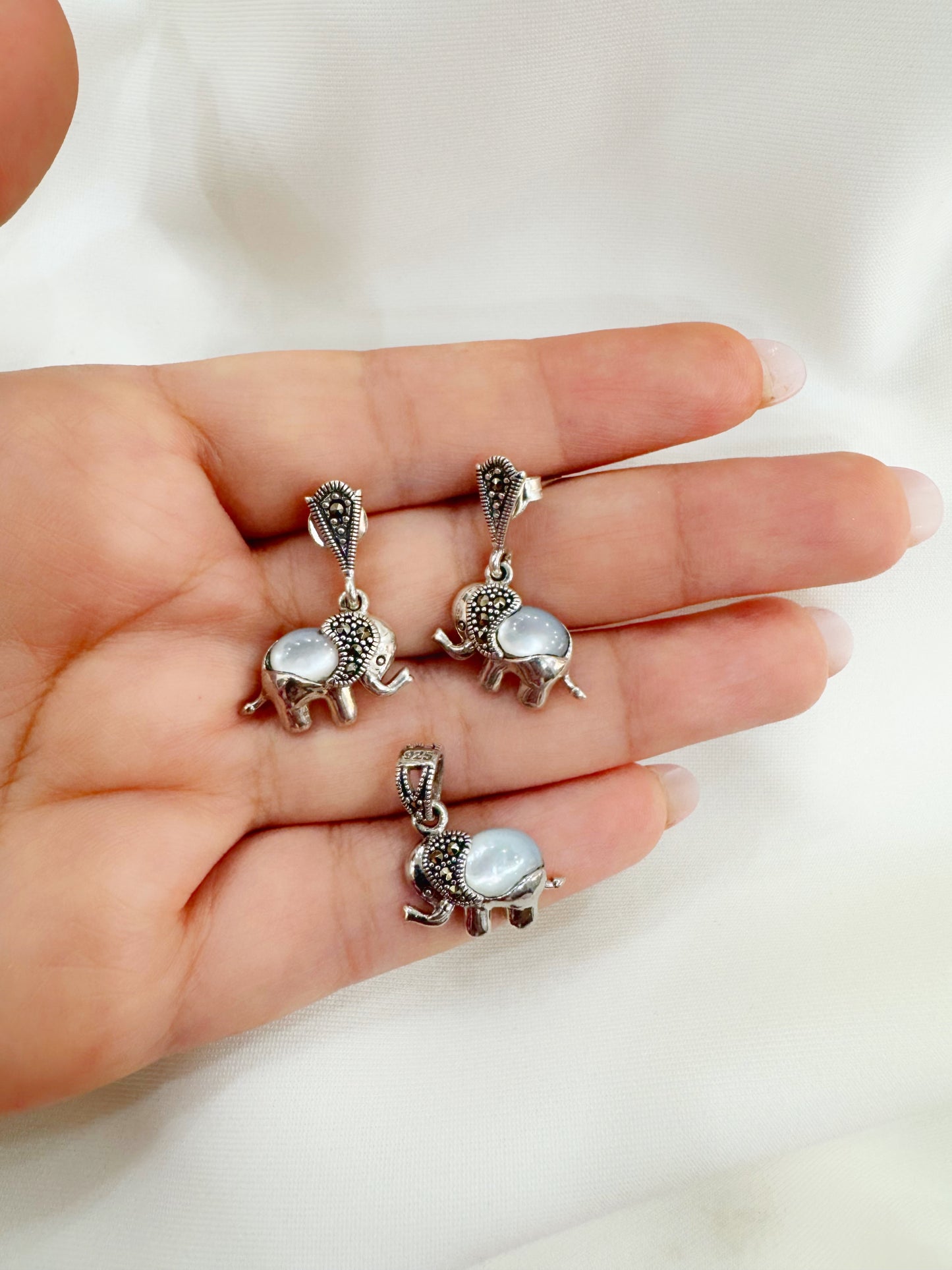 Gajmoti Mother of Pearl & Marcasite 92.5 Silver Earrings & Pendant Set