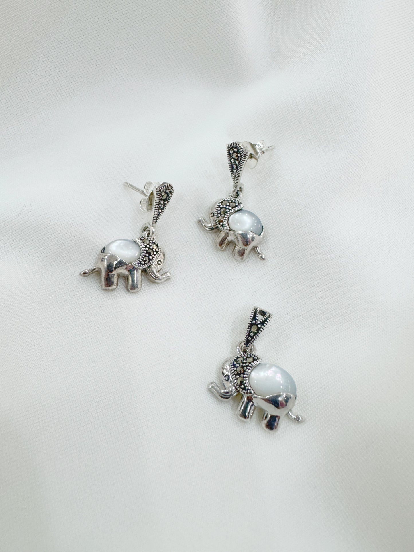 Gajmoti Mother of Pearl & Marcasite 92.5 Silver Earrings & Pendant Set