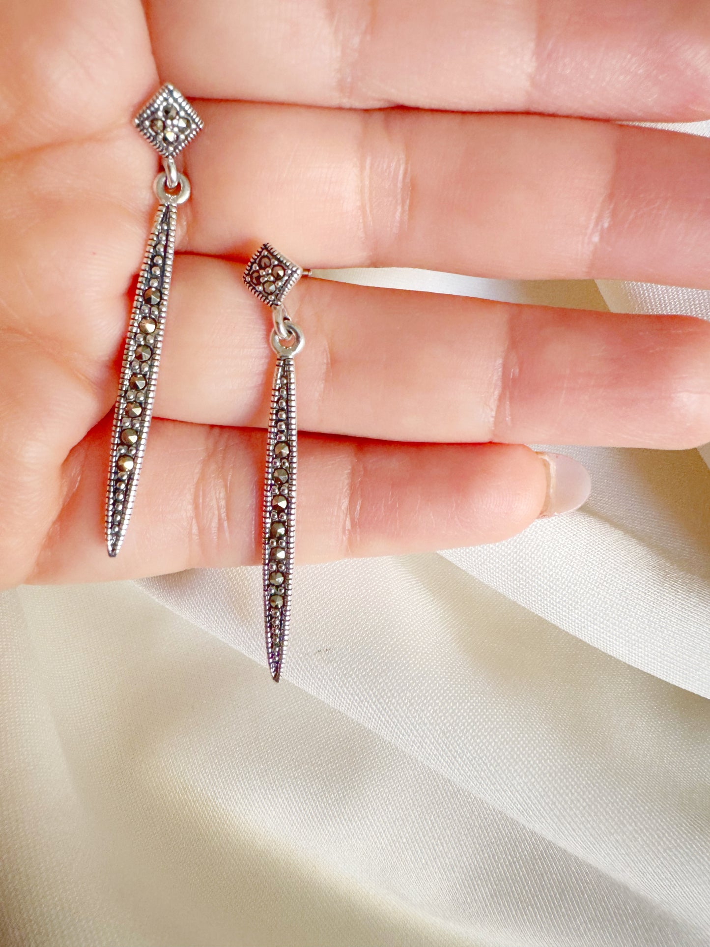 Regal Plume Marcasite Drop - 92.5 Silver Earrings