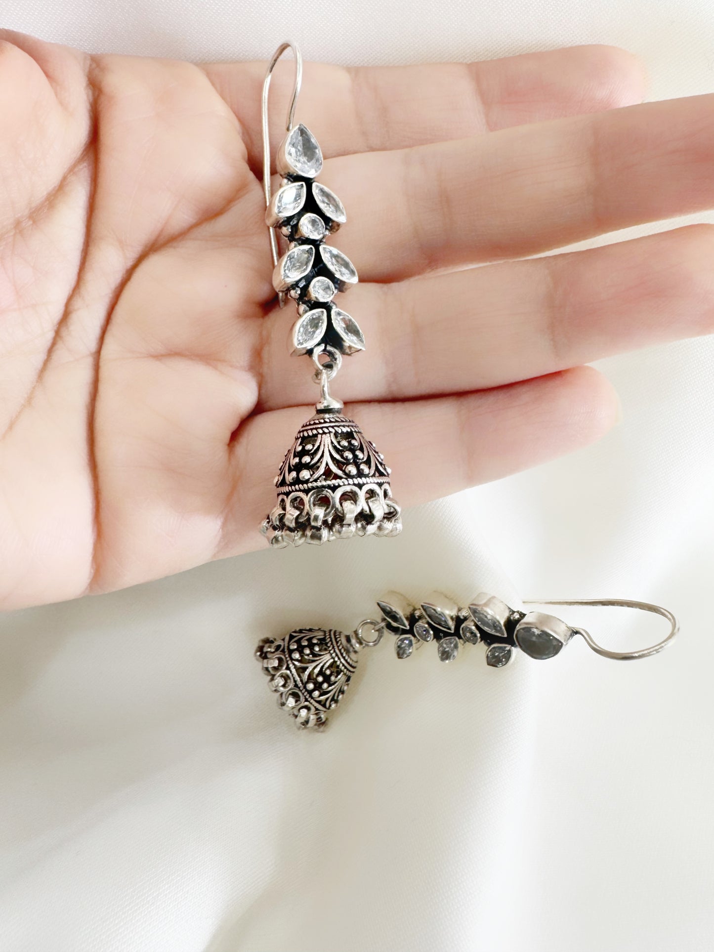 Antique Nayira Crystal Vine 92.5 Silver Jhumki Earrings - Handcrafted