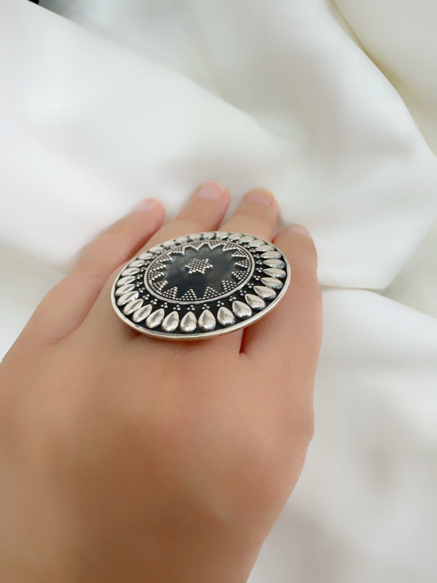 Naaz Teardrop Mandala 92.5 Silver Adjustable Ring