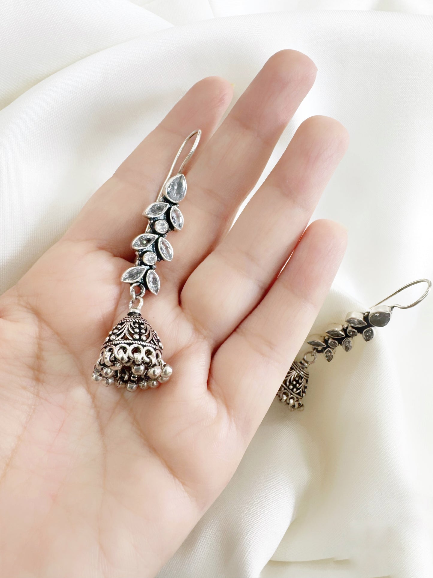 Antique Nayira Crystal Vine 92.5 Silver Jhumki Earrings - Handcrafted
