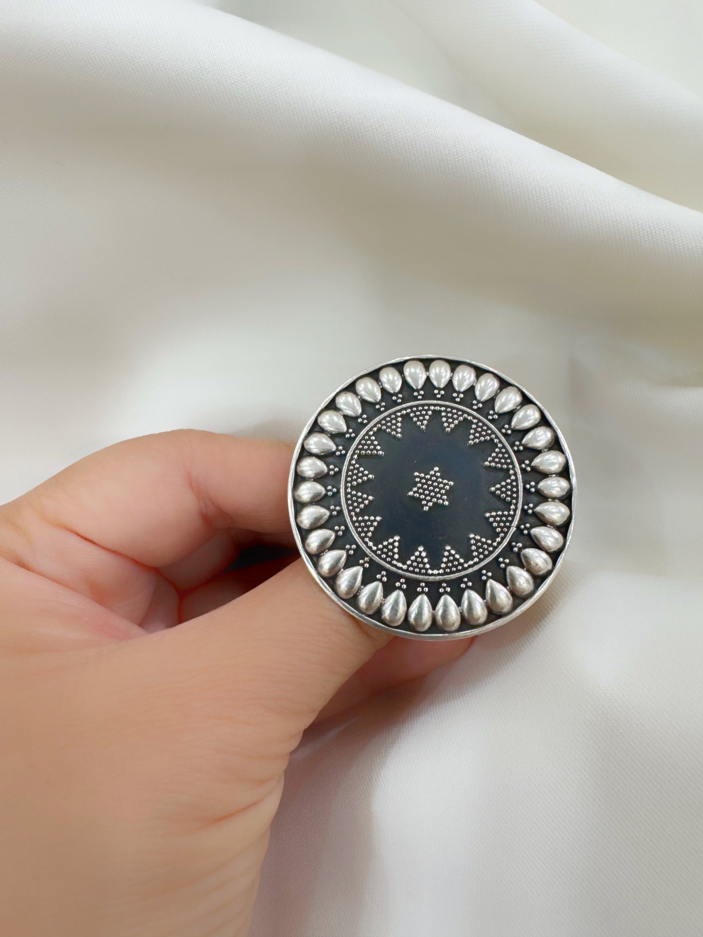 Naaz Teardrop Mandala 92.5 Silver Adjustable Ring