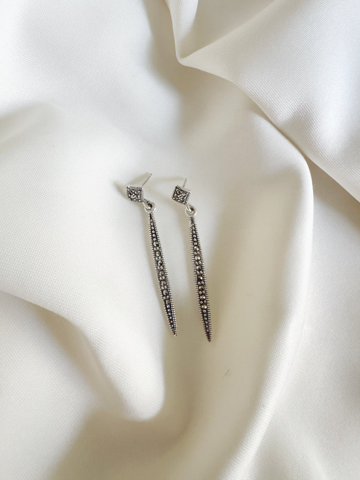 Regal Plume Marcasite Drop - 92.5 Silver Earrings