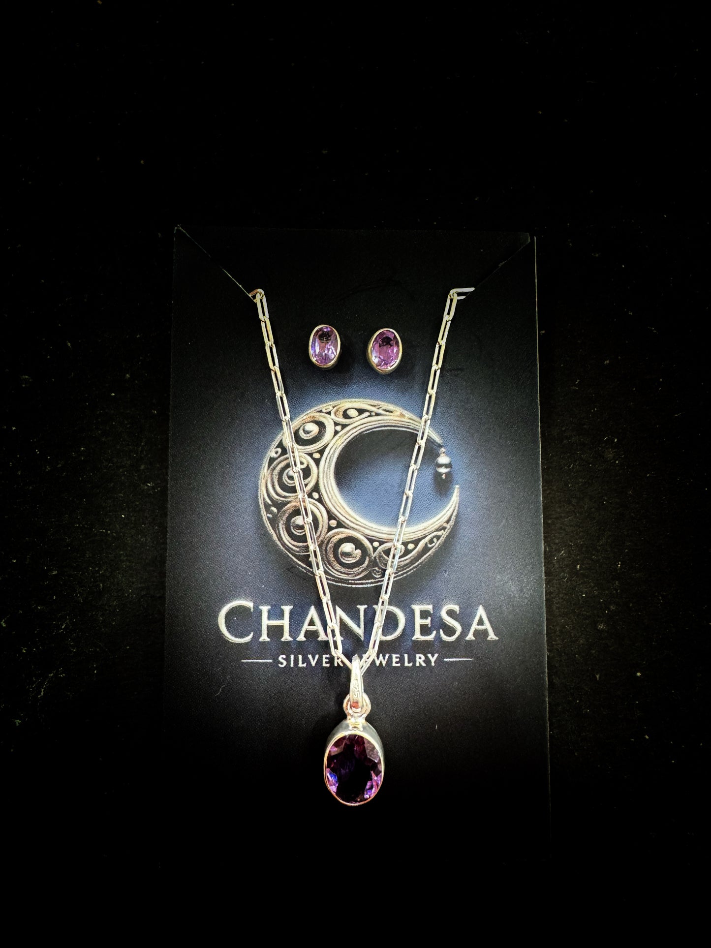 92.5 Silver Amethyst Stone Minimalistic Necklace Set