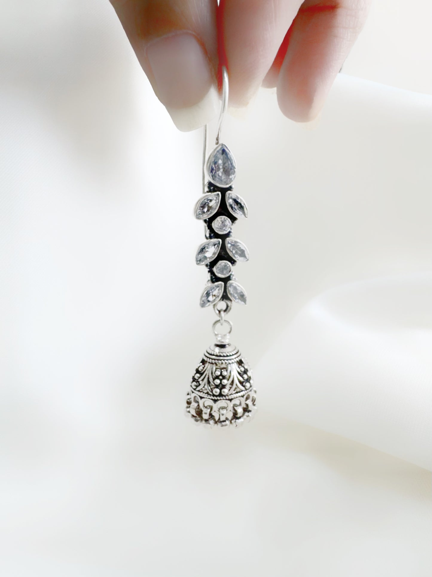 Antique Nayira Crystal Vine 92.5 Silver Jhumki Earrings - Handcrafted