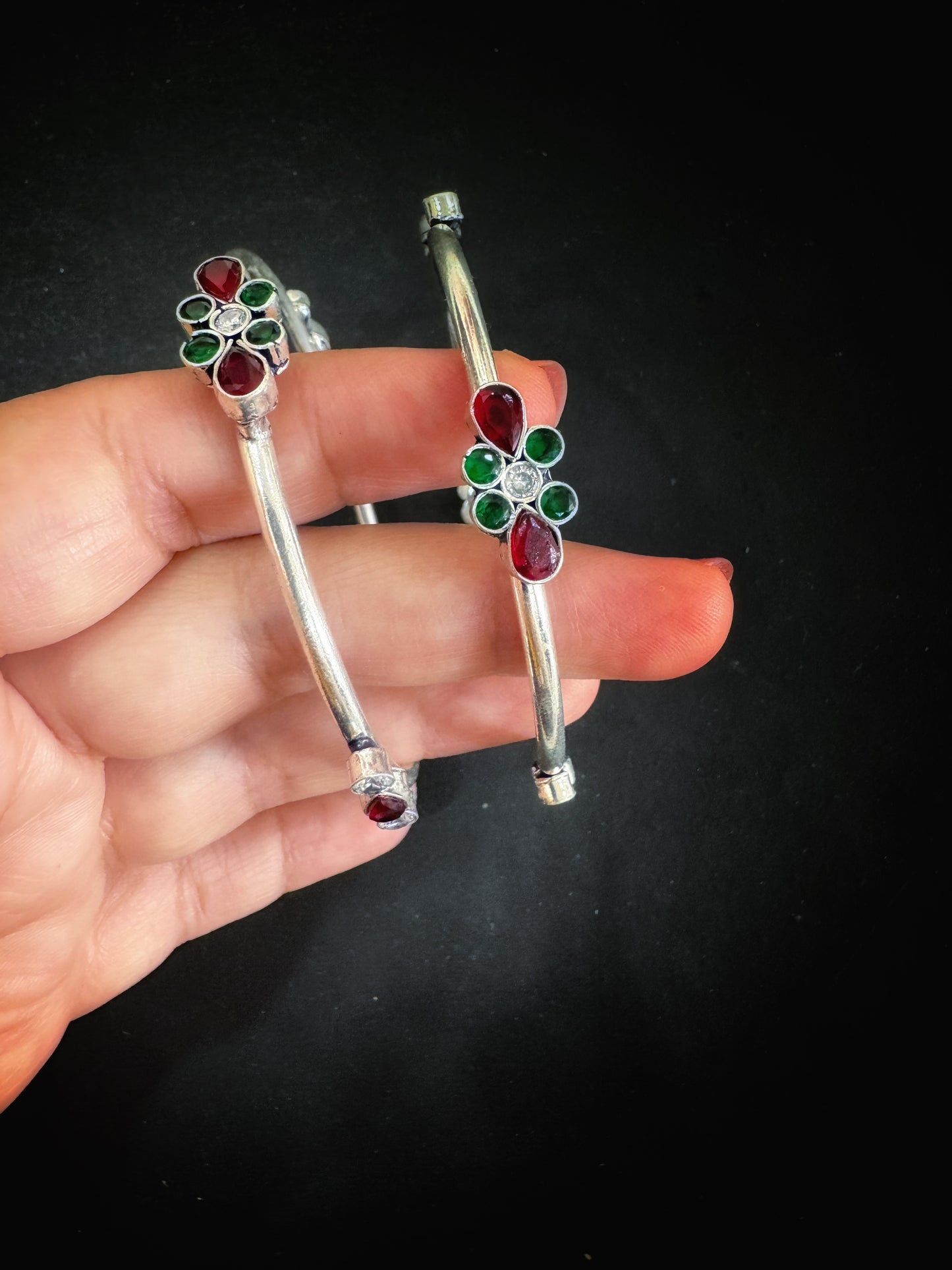 92.5 Silver Bangles With Red and Green Stones - Pair