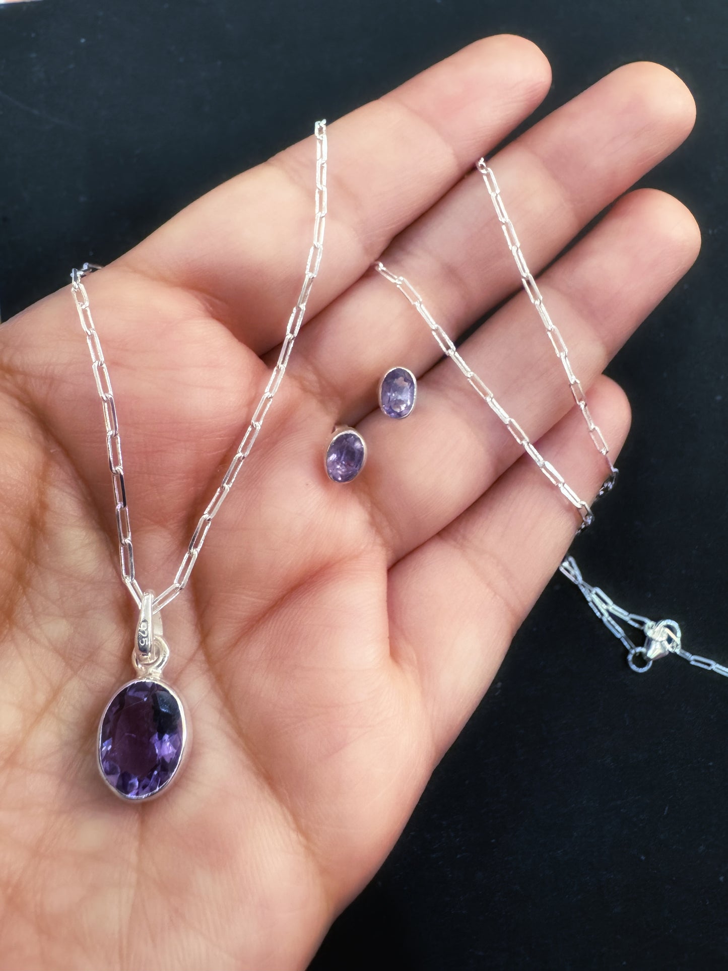 92.5 Silver Amethyst Stone Minimalistic Necklace Set