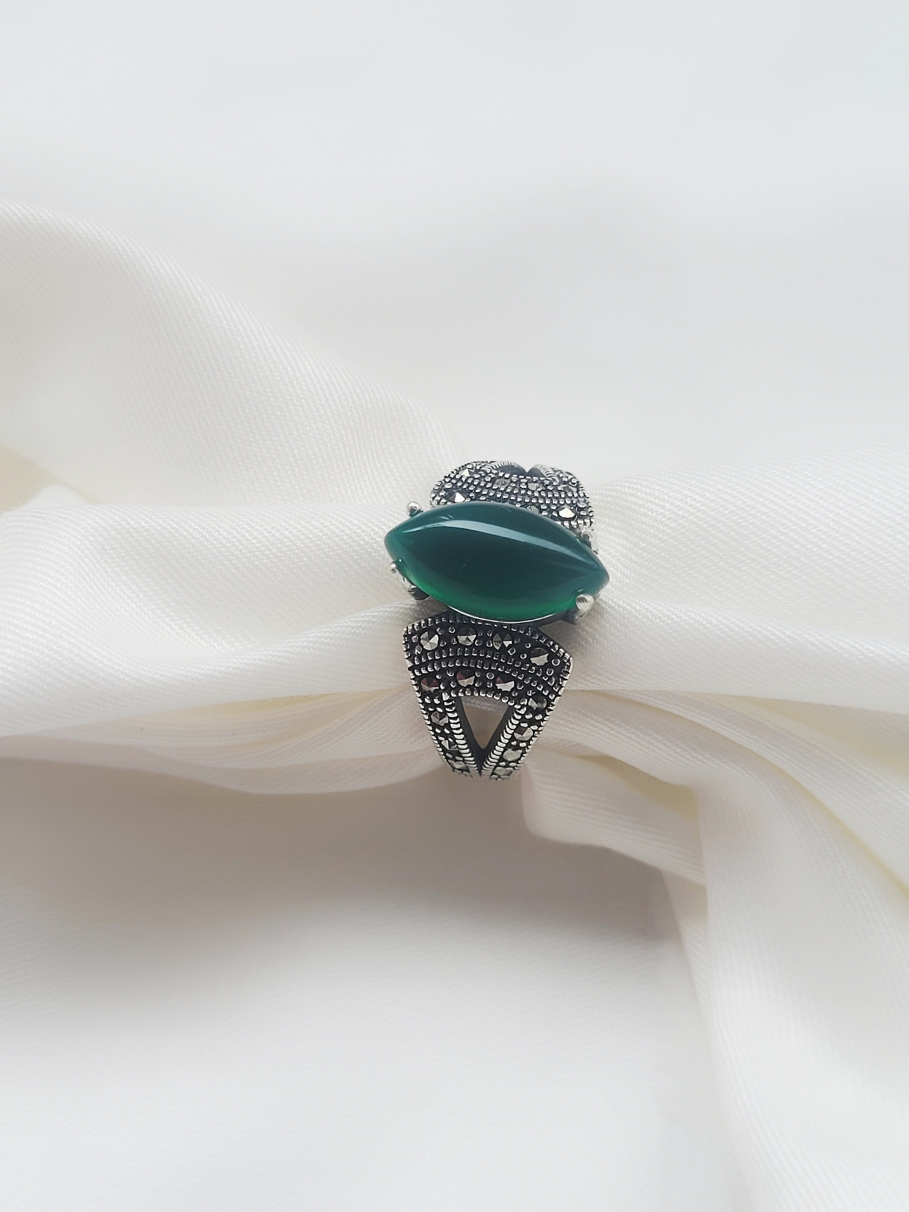 Marcasite Oval Green 92.5 Silver Ring